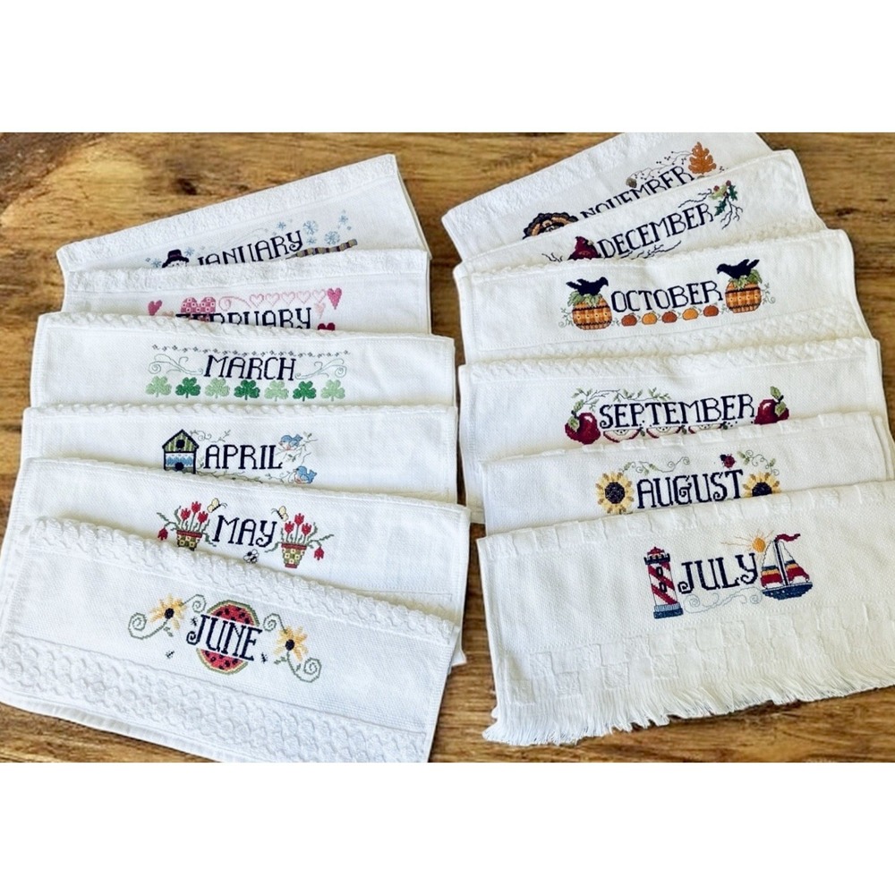 Vtg Cross Stitch Completed All 12 Months of the Year Dish Towels NEW - Picture 2 of 14